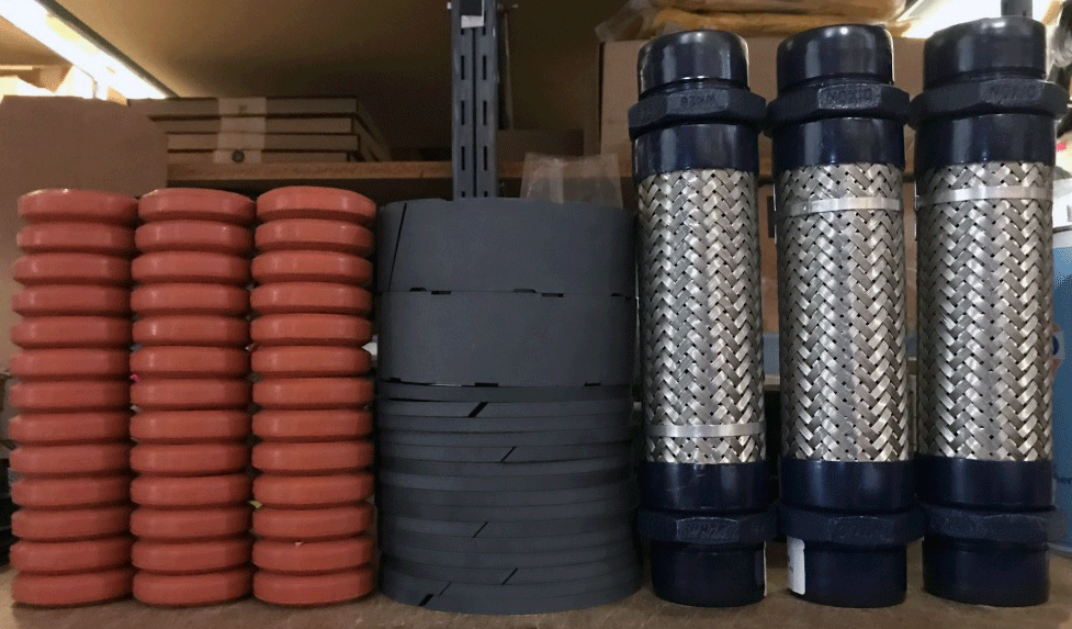 an image of rubber seals pistion rings and flex hoses in a straight line